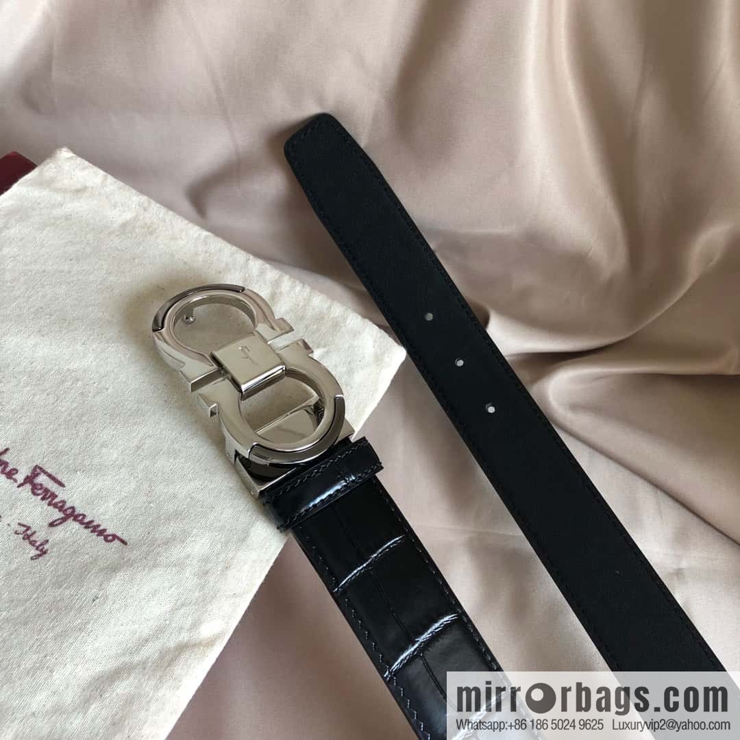 Ferragamo Gancio Double Circle Intertone Edge Metal Clip Buckle, Crocodile Belt 3.5cm