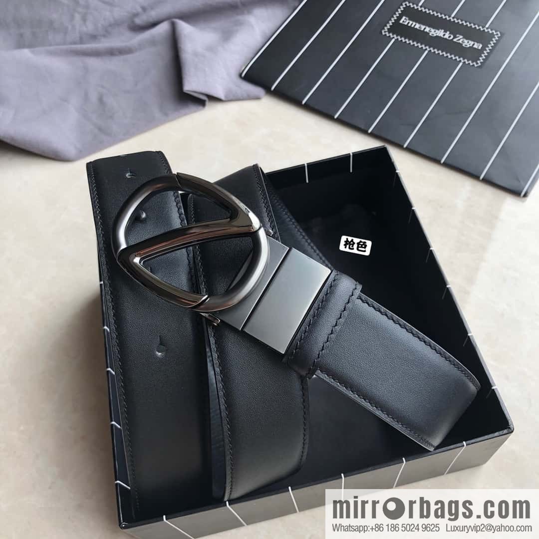 Zegna, men's black/dark brown top layer cowhide leather plate buckle belt 3.5cm