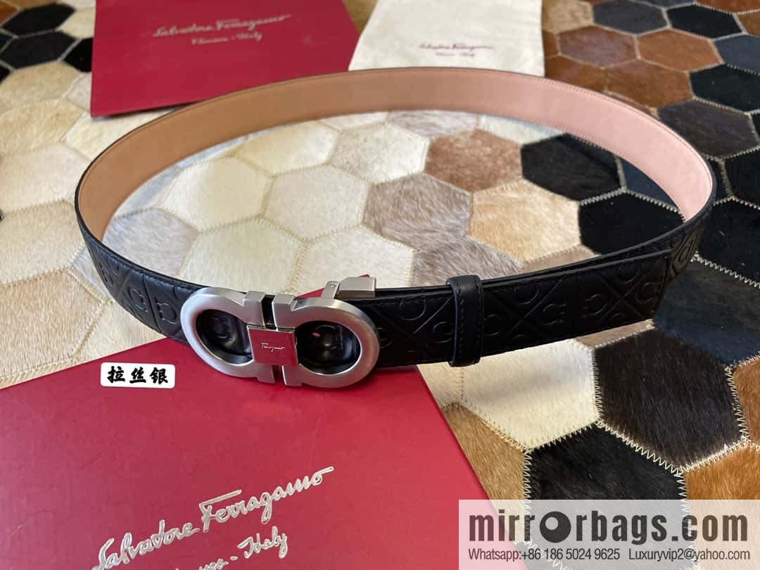 Ferragamo Men's 3.5cm Delicate Double Circle Horseshoe Metal Buckle, Cowhide Belt