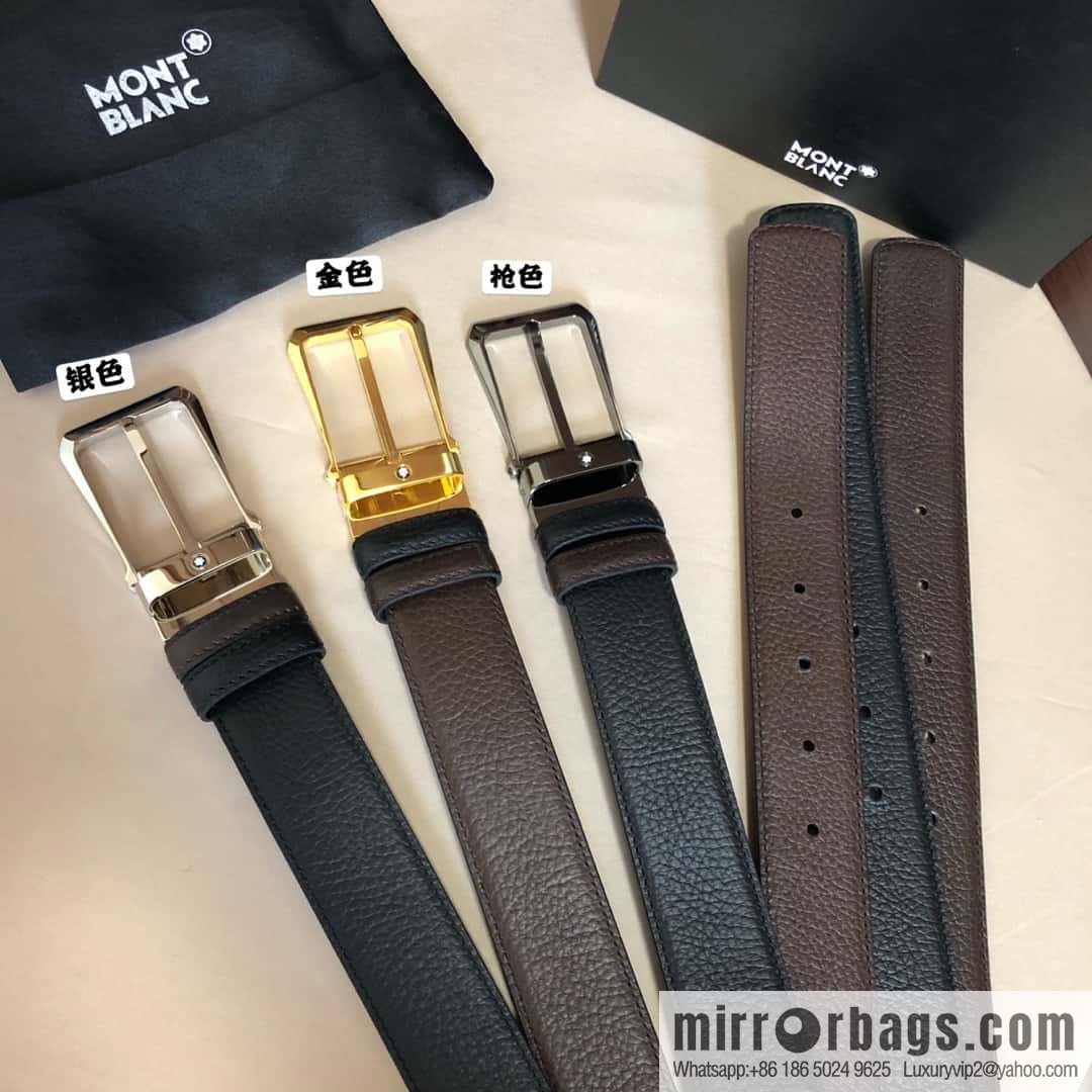 MONTBLANC Montblanc, pin metal buckle, first layer cowhide lychee pattern belt 3.5cm