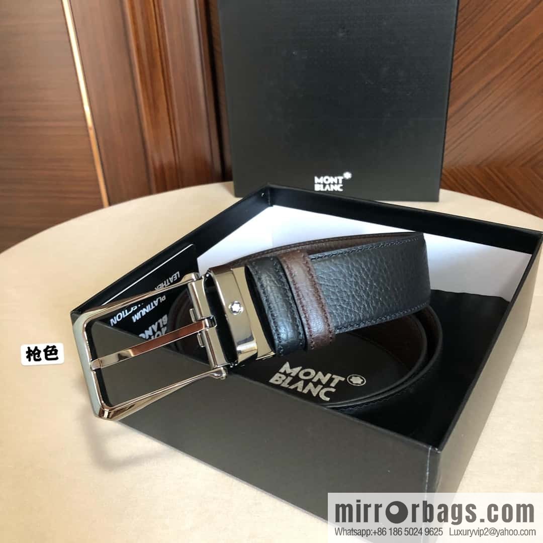 MONTBLANC Montblanc, pin metal buckle, first layer cowhide lychee pattern belt 3.5cm