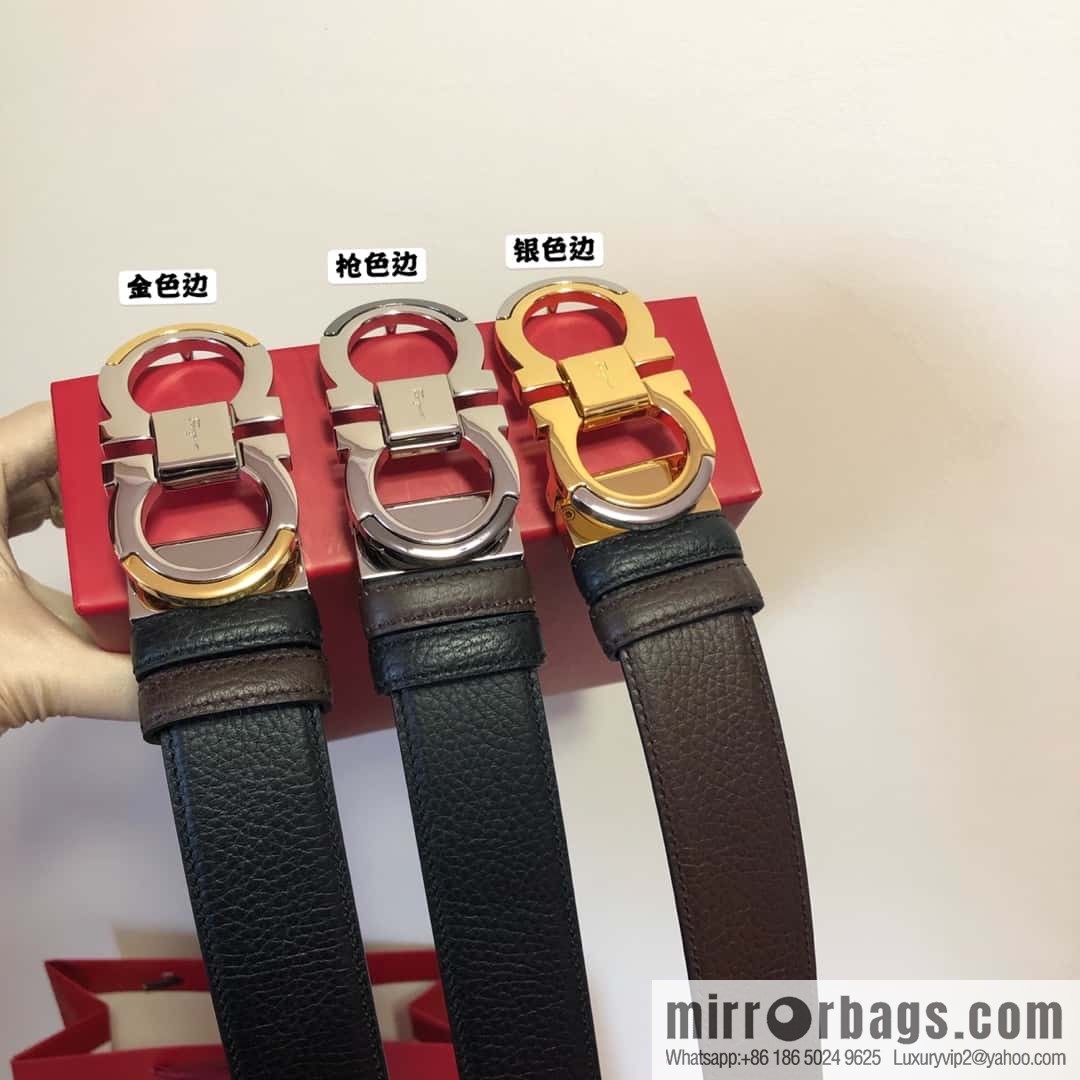 Ferragamo Gancio Double Circle Intertone Edge Metal Clamp Buckle, Cowhide Double Sided Lychee Belt 3.5cm