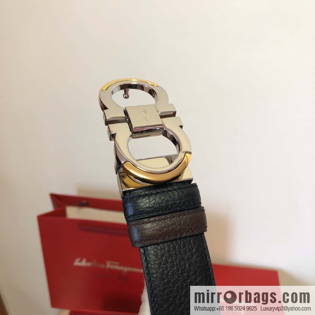 Ferragamo Gancio Double Circle Intertone Edge Metal Clamp Buckle, Cowhide Double Sided Lychee Belt 3.5cm