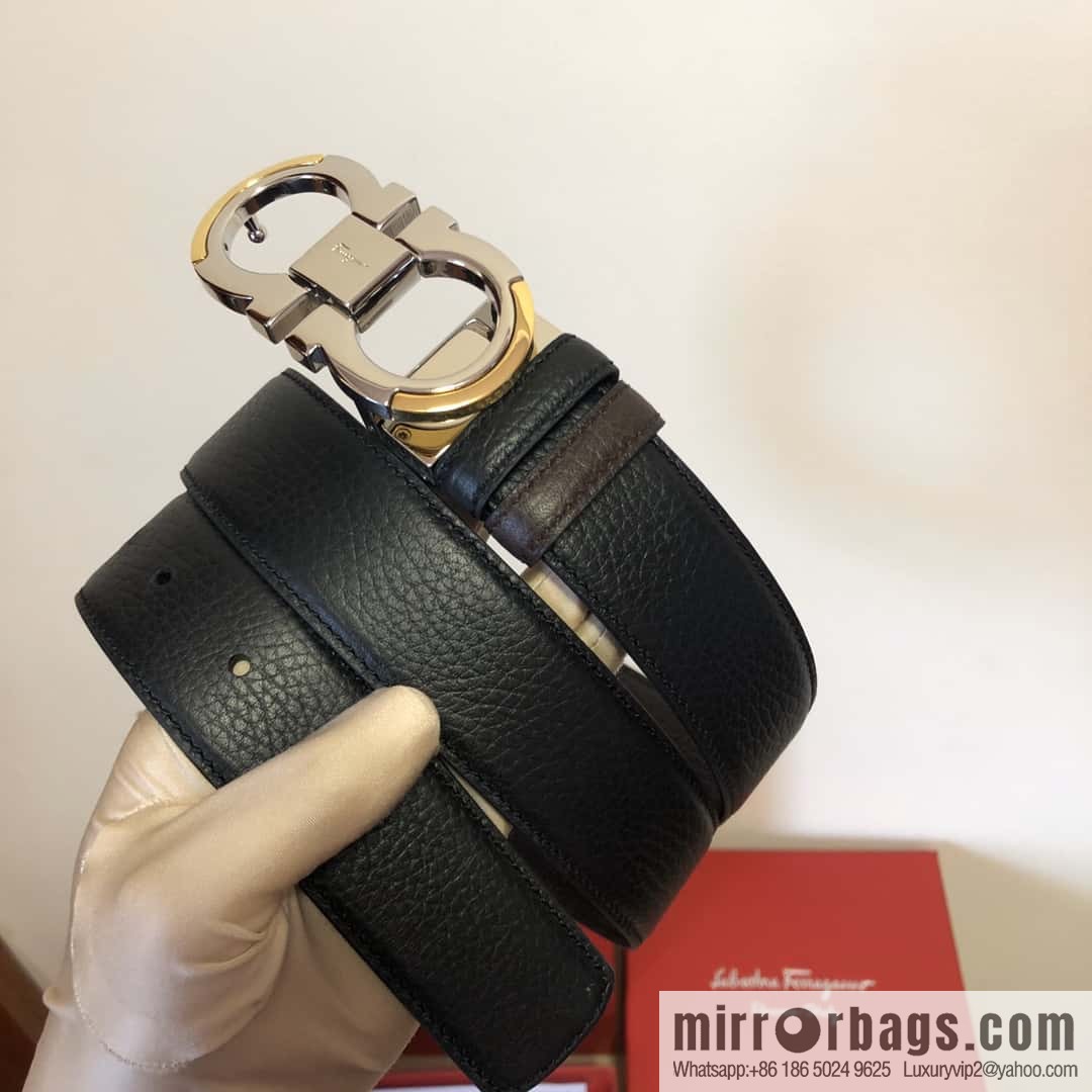 Ferragamo Gancio Double Circle Intertone Edge Metal Clamp Buckle, Cowhide Double Sided Lychee Belt 3.5cm