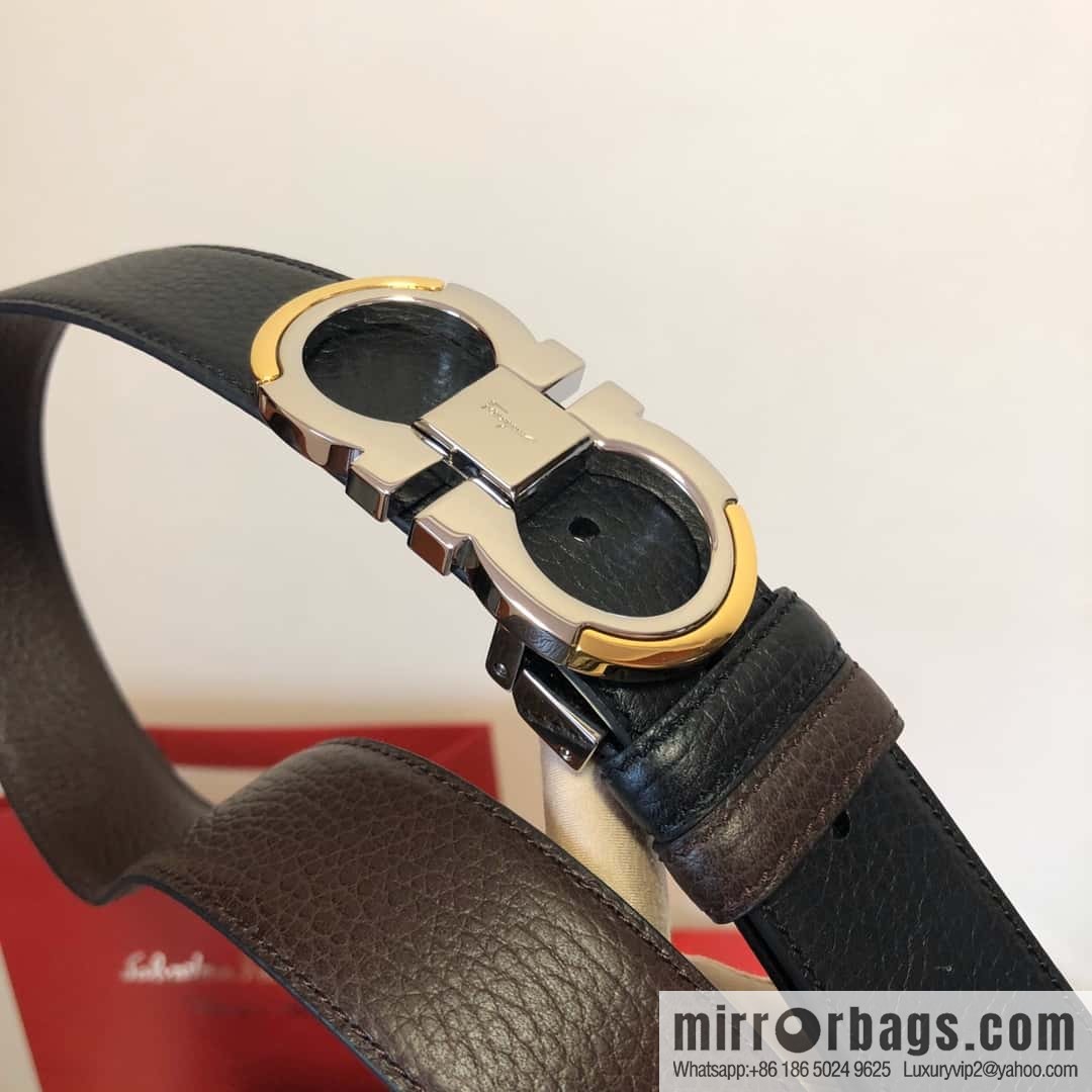 Ferragamo Gancio Double Circle Intertone Edge Metal Clamp Buckle, Cowhide Double Sided Lychee Belt 3.5cm