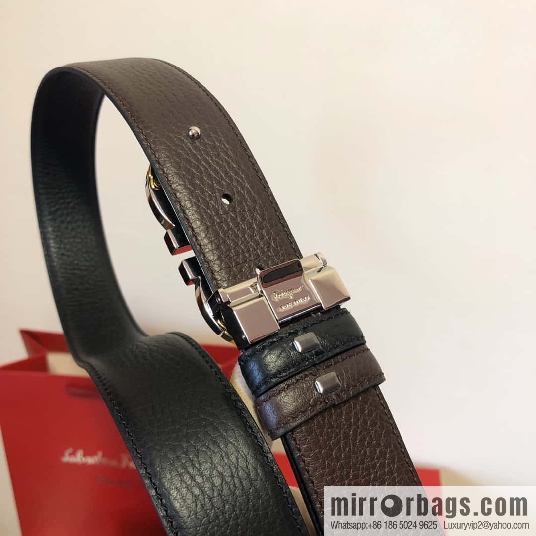 Ferragamo Gancio Double Circle Intertone Edge Metal Clamp Buckle, Cowhide Double Sided Lychee Belt 3.5cm