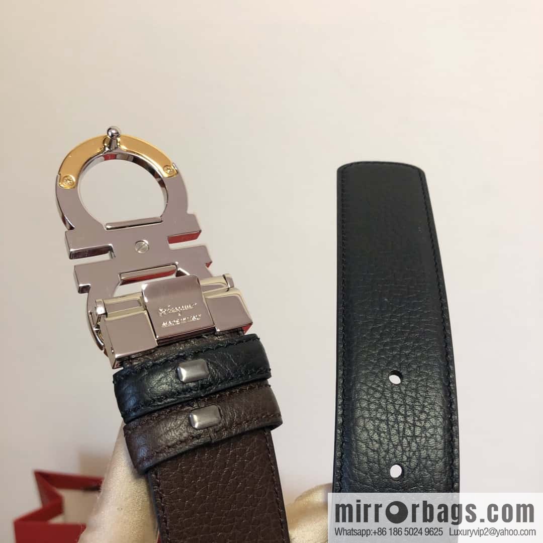 Ferragamo Gancio Double Circle Intertone Edge Metal Clamp Buckle, Cowhide Double Sided Lychee Belt 3.5cm