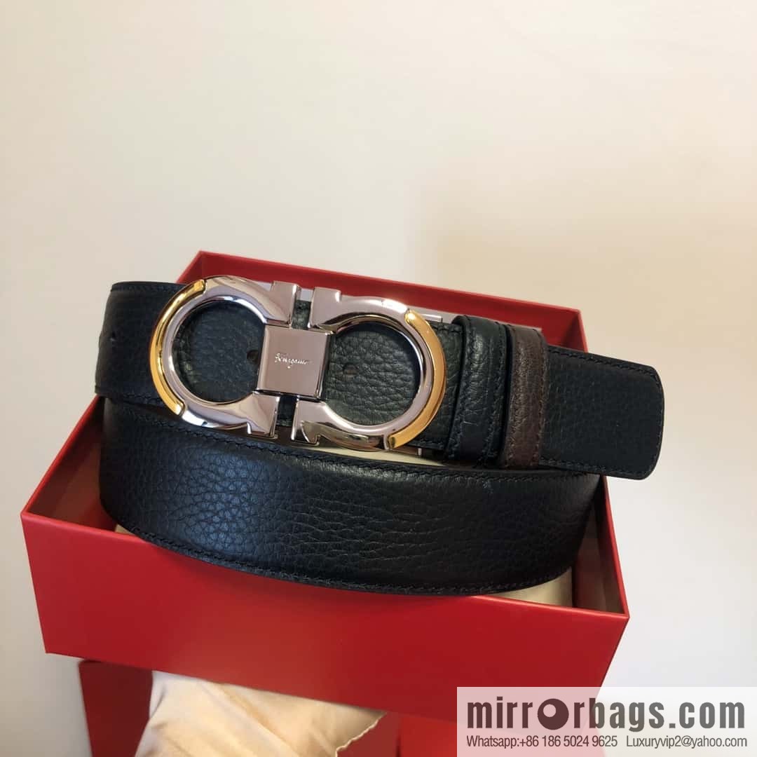 Ferragamo Gancio Double Circle Intertone Edge Metal Clamp Buckle, Cowhide Double Sided Lychee Belt 3.5cm