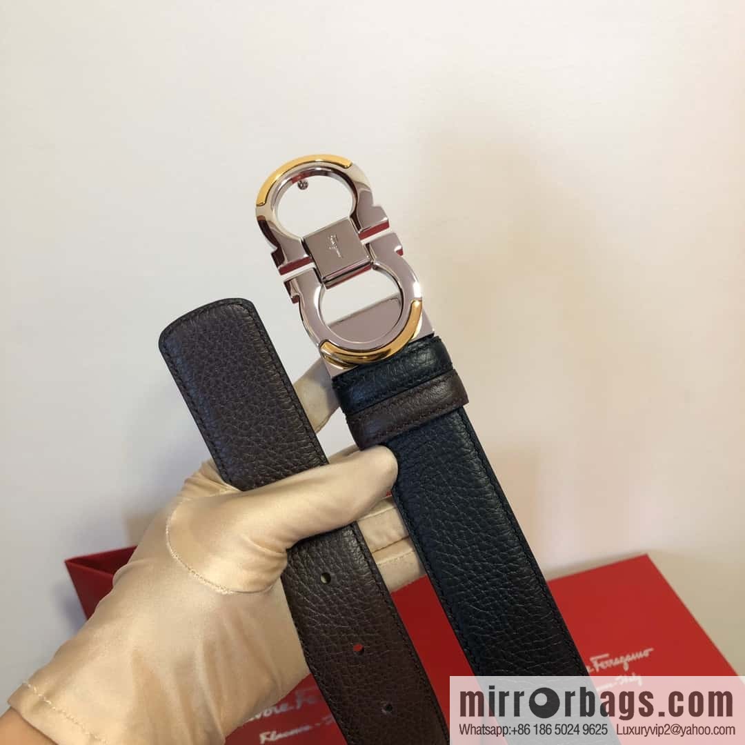 Ferragamo Gancio Double Circle Intertone Edge Metal Clamp Buckle, Cowhide Double Sided Lychee Belt 3.5cm