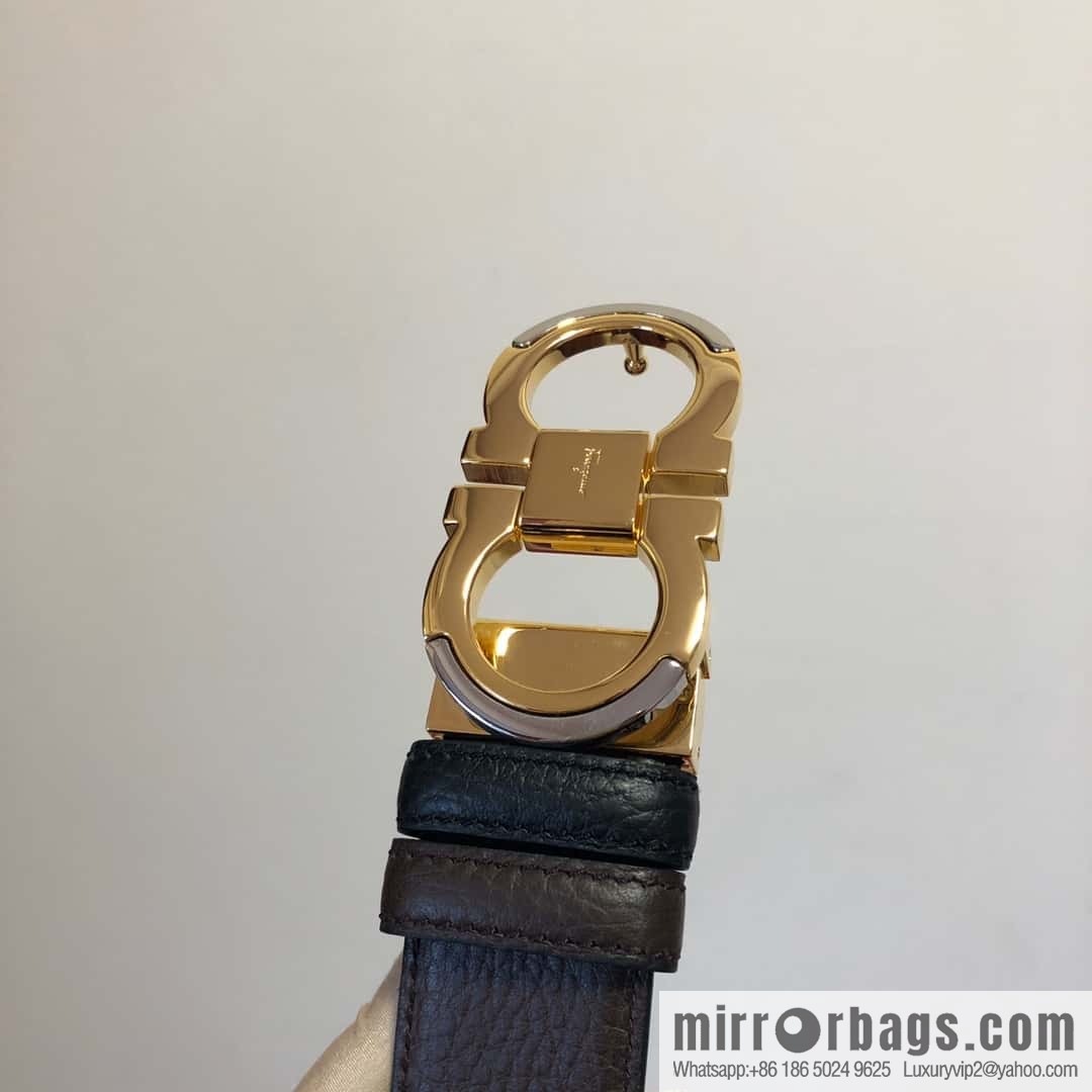 Ferragamo Gancio Double Circle Intertone Edge Metal Clamp Buckle, Cowhide Double Sided Lychee Belt 3.5cm