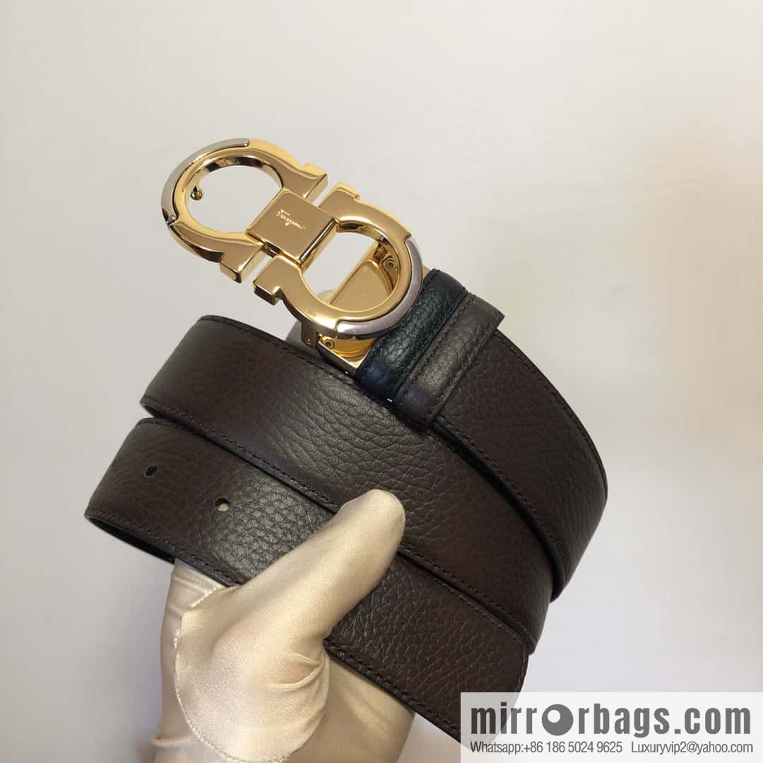 Ferragamo Gancio Double Circle Intertone Edge Metal Clamp Buckle, Cowhide Double Sided Lychee Belt 3.5cm