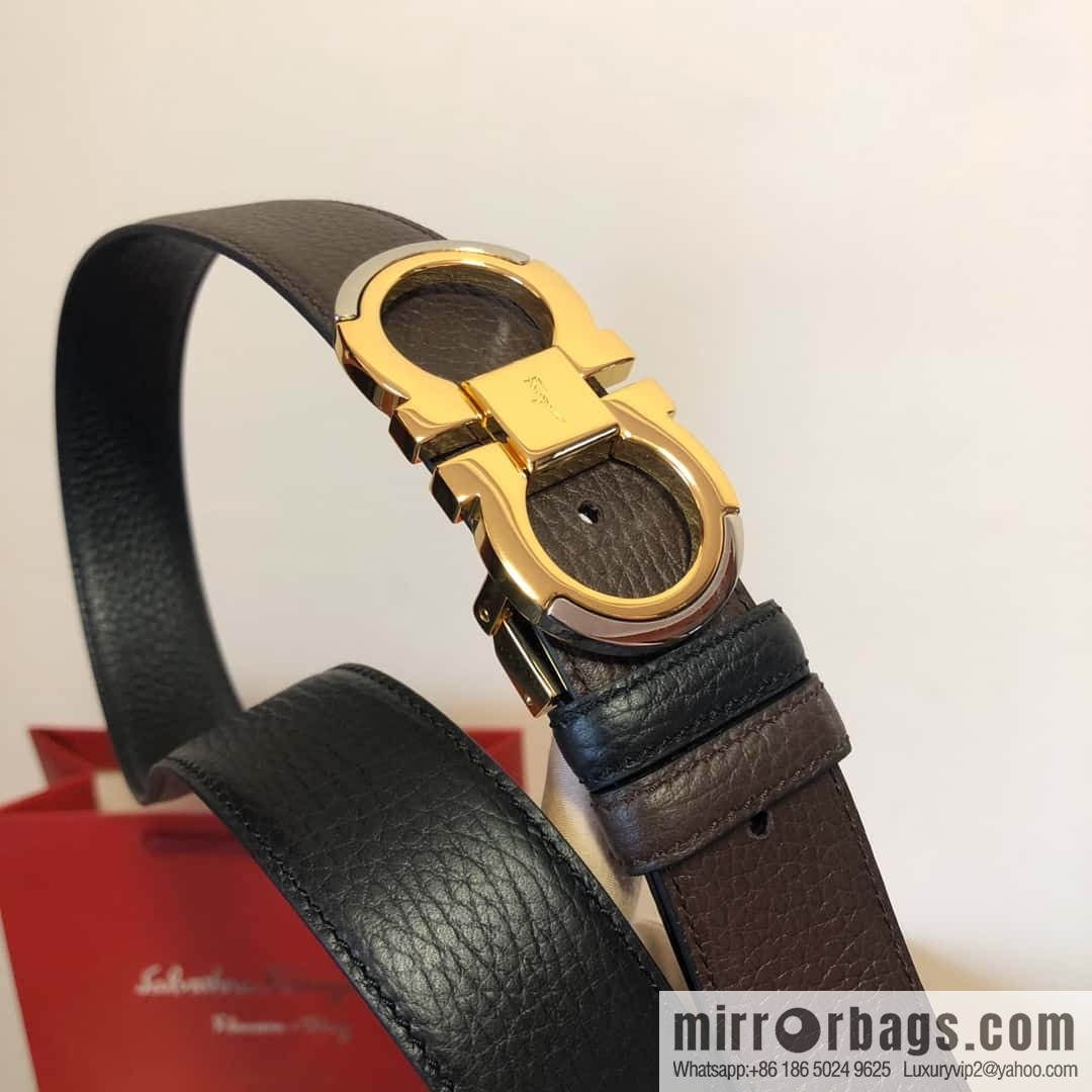 Ferragamo Gancio Double Circle Intertone Edge Metal Clamp Buckle, Cowhide Double Sided Lychee Belt 3.5cm