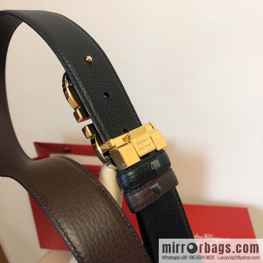 Ferragamo Gancio Double Circle Intertone Edge Metal Clamp Buckle, Cowhide Double Sided Lychee Belt 3.5cm