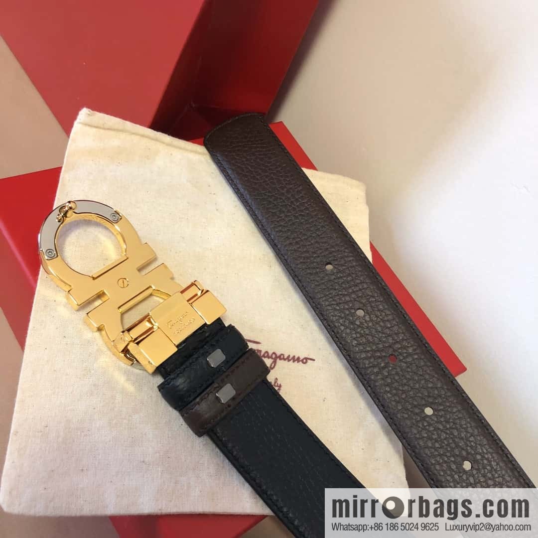 Ferragamo Gancio Double Circle Intertone Edge Metal Clamp Buckle, Cowhide Double Sided Lychee Belt 3.5cm