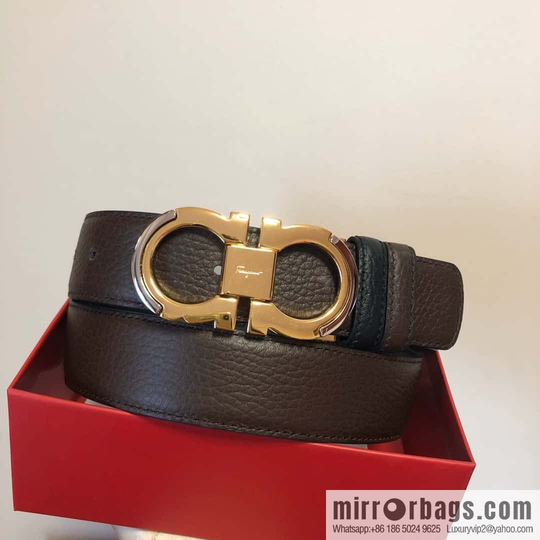 Ferragamo Gancio Double Circle Intertone Edge Metal Clamp Buckle, Cowhide Double Sided Lychee Belt 3.5cm