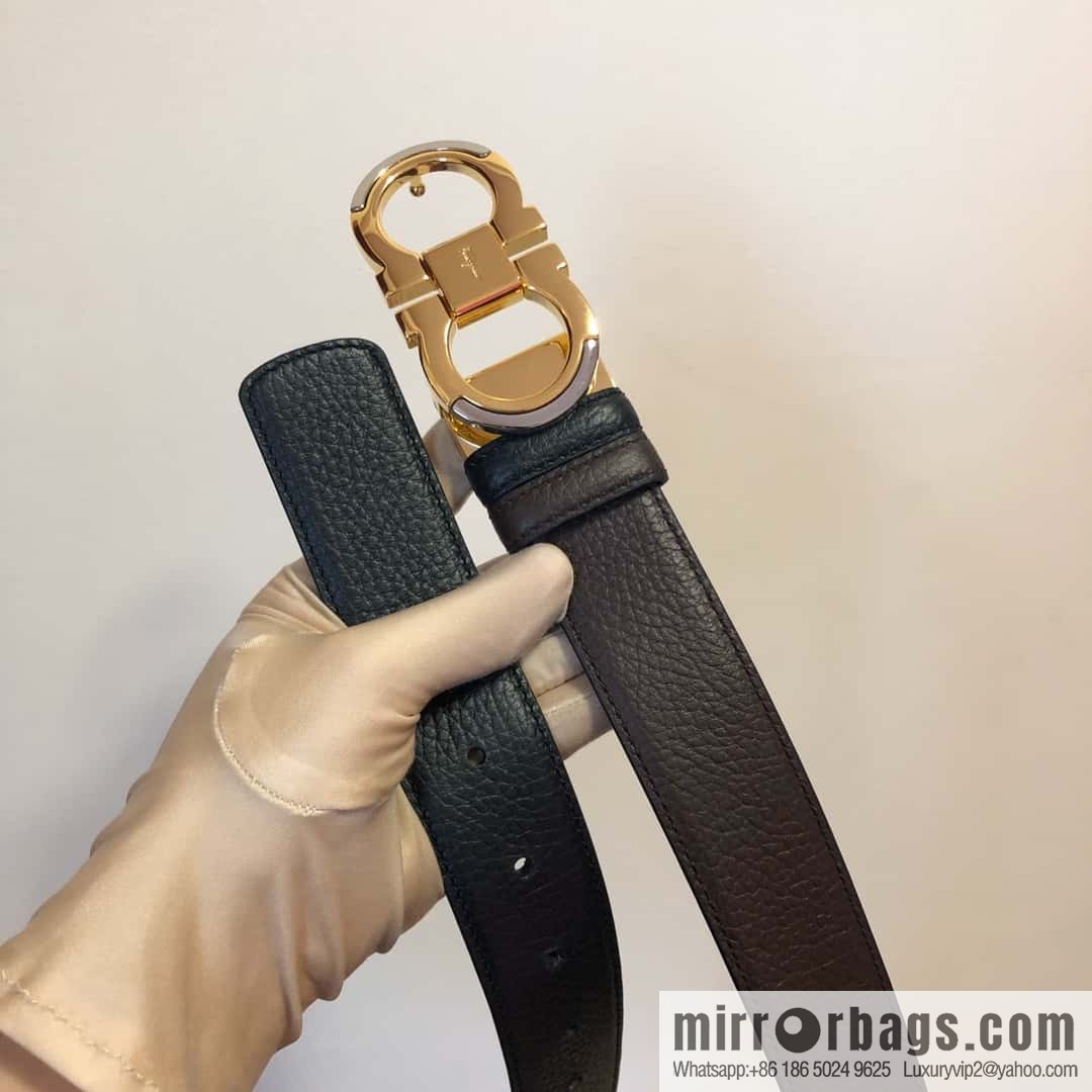 Ferragamo Gancio Double Circle Intertone Edge Metal Clamp Buckle, Cowhide Double Sided Lychee Belt 3.5cm