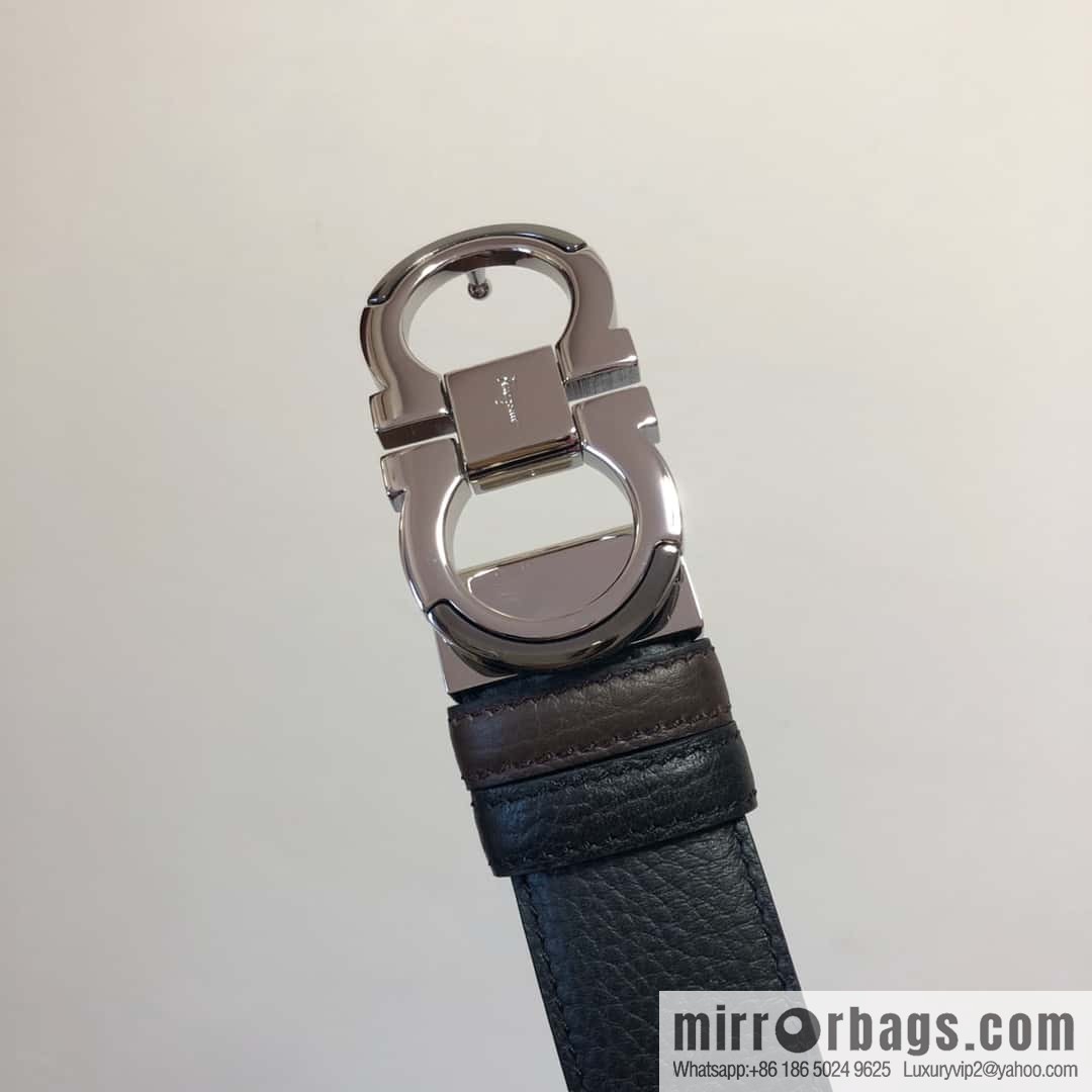 Ferragamo Gancio Double Circle Intertone Edge Metal Clamp Buckle, Cowhide Double Sided Lychee Belt 3.5cm