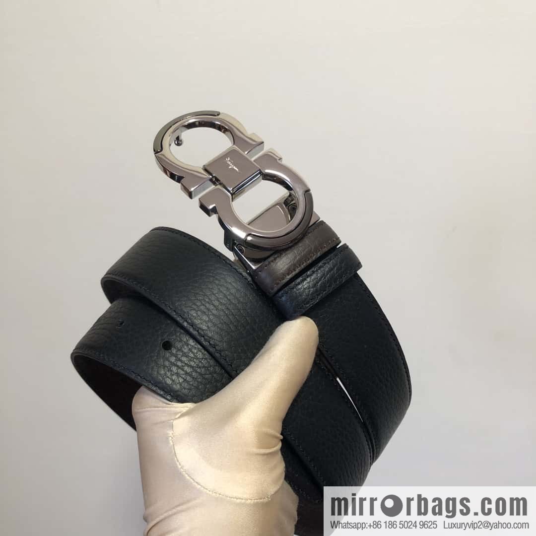 Ferragamo Gancio Double Circle Intertone Edge Metal Clamp Buckle, Cowhide Double Sided Lychee Belt 3.5cm