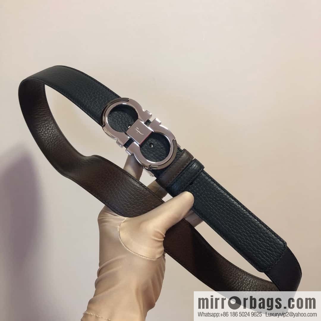 Ferragamo Gancio Double Circle Intertone Edge Metal Clamp Buckle, Cowhide Double Sided Lychee Belt 3.5cm