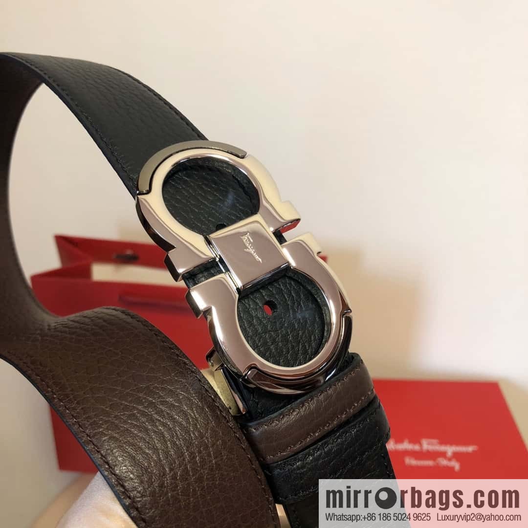 Ferragamo Gancio Double Circle Intertone Edge Metal Clamp Buckle, Cowhide Double Sided Lychee Belt 3.5cm