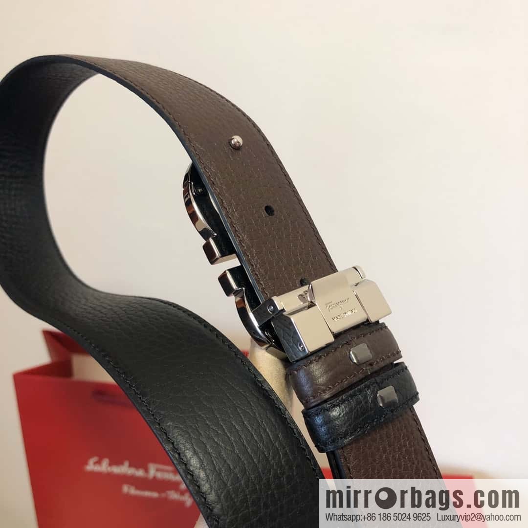 Ferragamo Gancio Double Circle Intertone Edge Metal Clamp Buckle, Cowhide Double Sided Lychee Belt 3.5cm