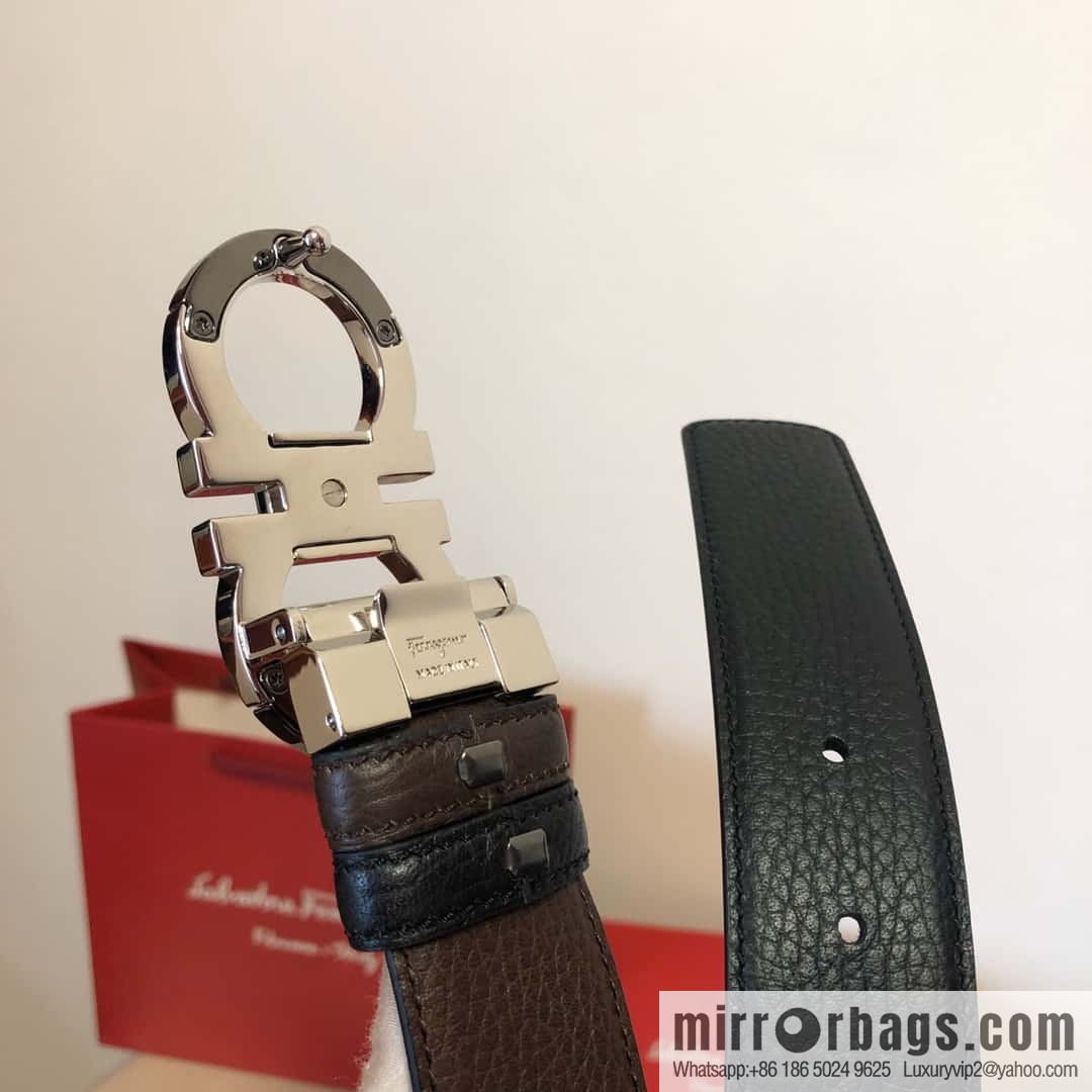 Ferragamo Gancio Double Circle Intertone Edge Metal Clamp Buckle, Cowhide Double Sided Lychee Belt 3.5cm