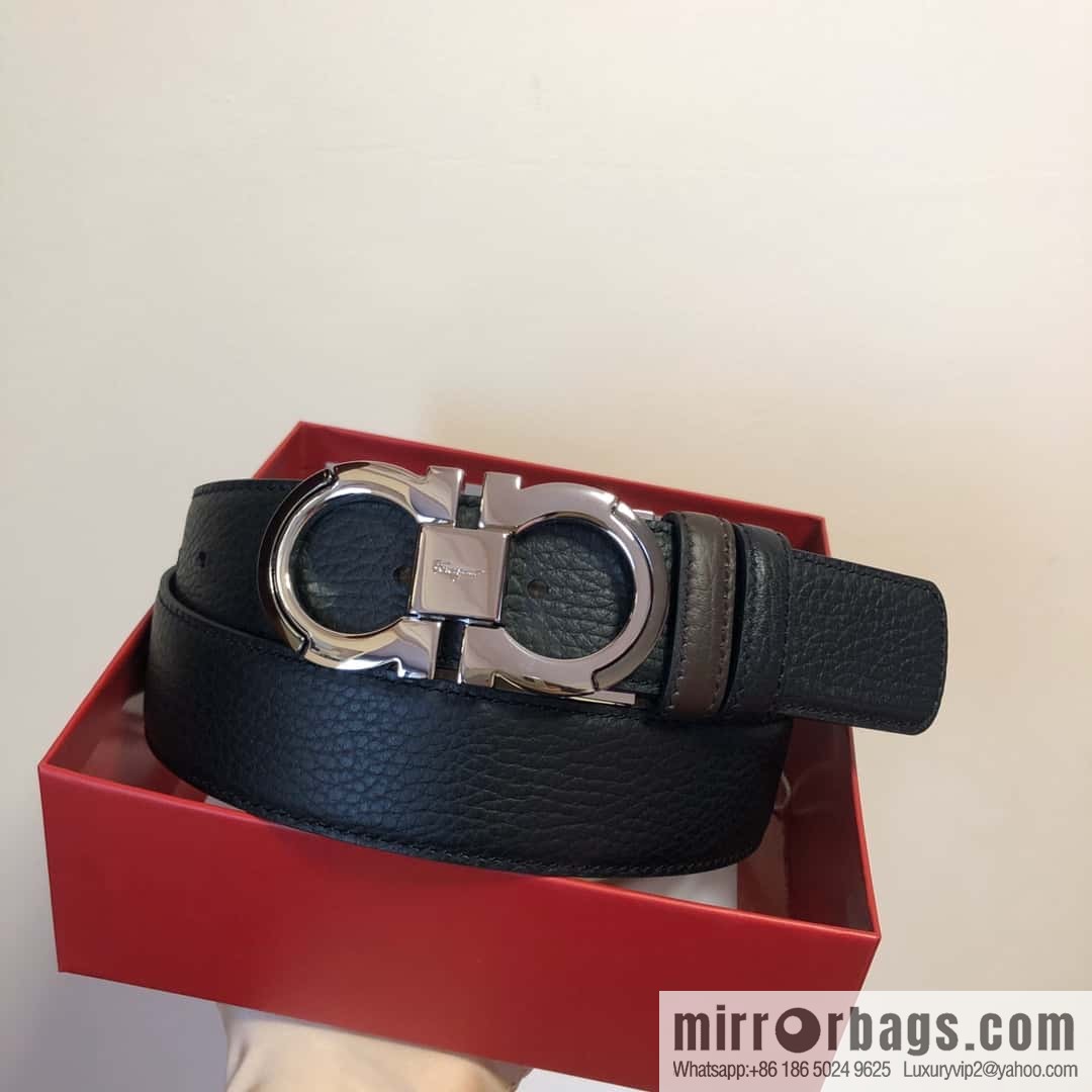 Ferragamo Gancio Double Circle Intertone Edge Metal Clamp Buckle, Cowhide Double Sided Lychee Belt 3.5cm