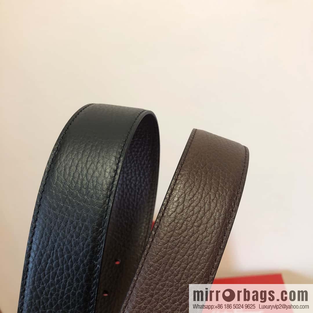 Ferragamo Gancio Double Circle Intertone Edge Metal Clamp Buckle, Cowhide Double Sided Lychee Belt 3.5cm