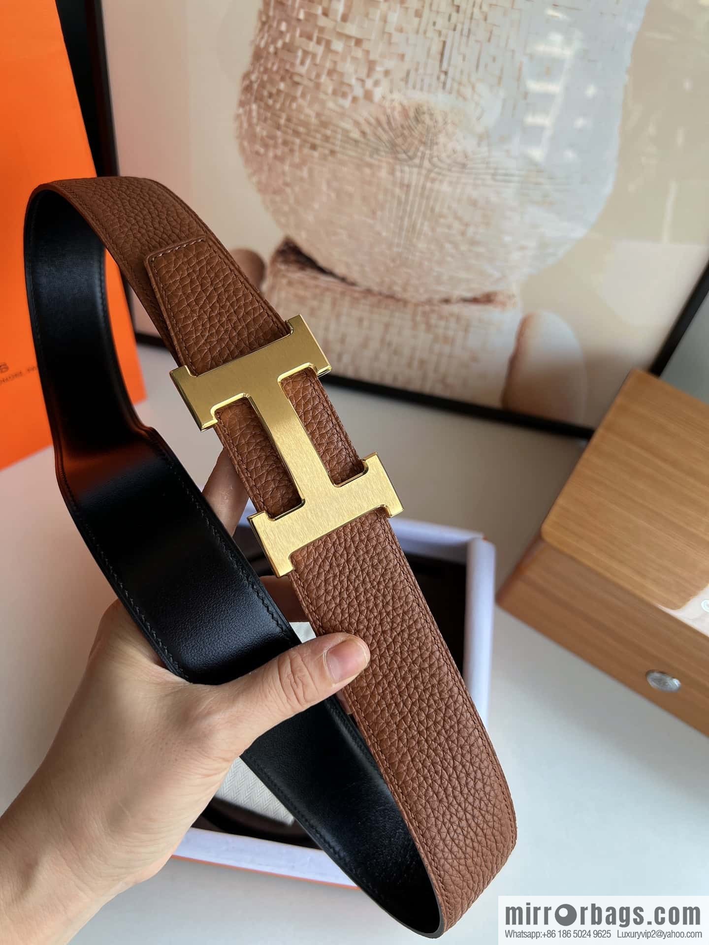 Hermes H metal solder joint buckle, men's double-sided leather belt 38mm