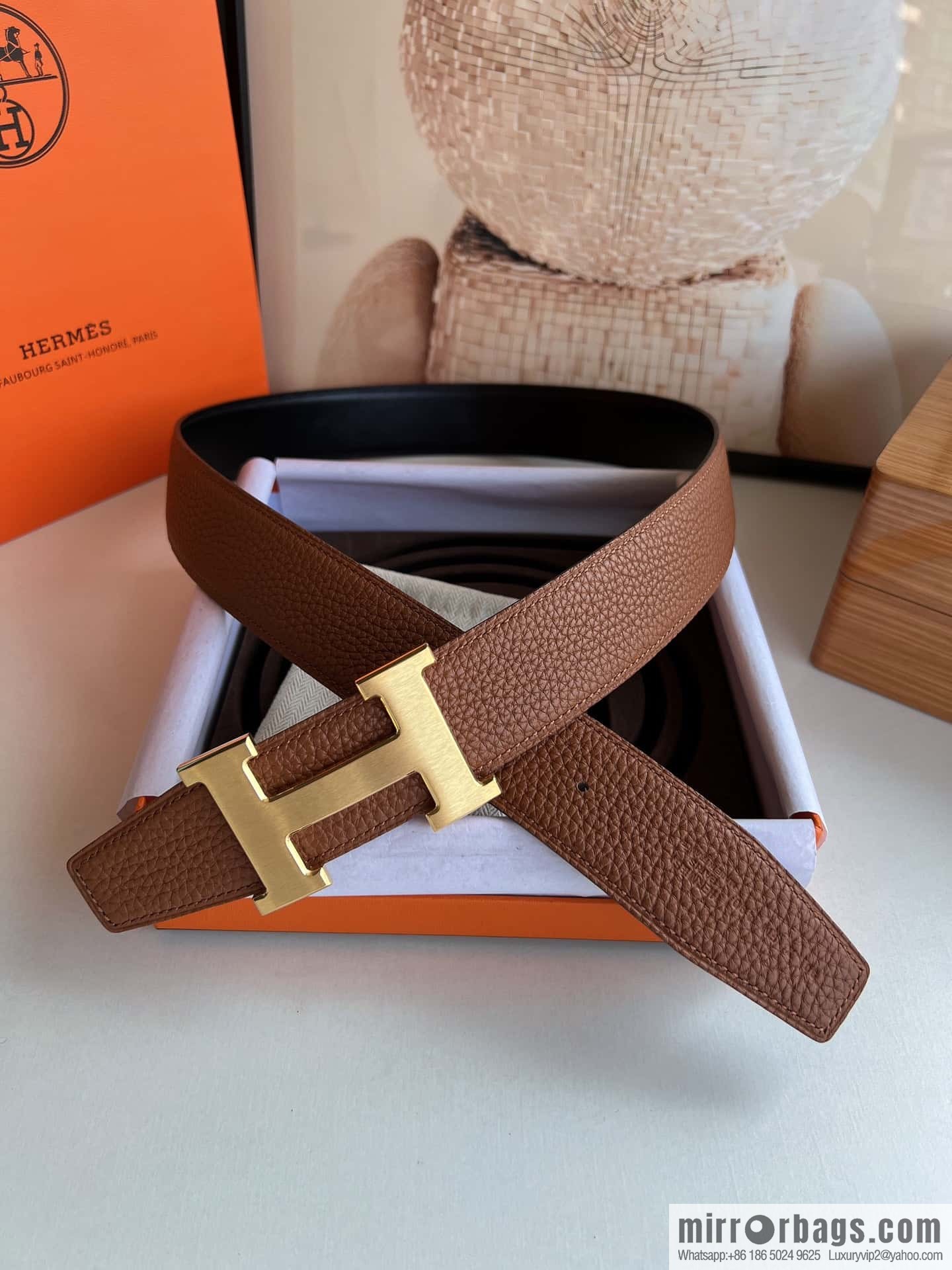 Hermes H metal solder joint buckle, men's double-sided leather belt 38mm