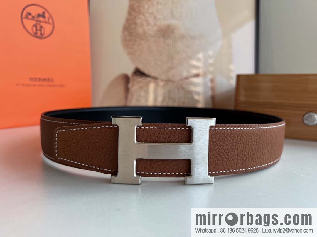 Hermes H metal solder joint buckle, men's double-sided leather belt 38mm