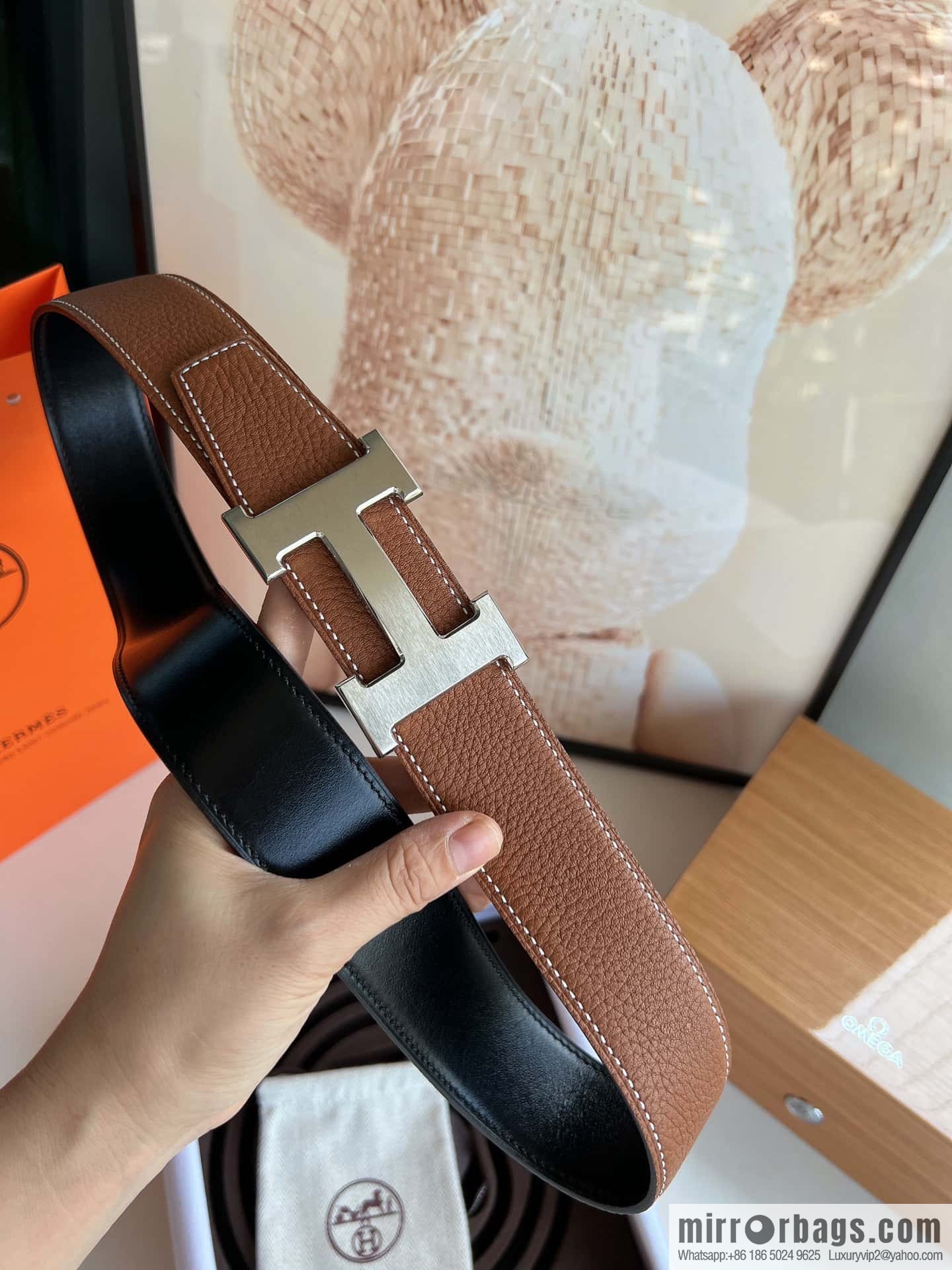 Hermes H metal solder joint buckle, men's double-sided leather belt 38mm