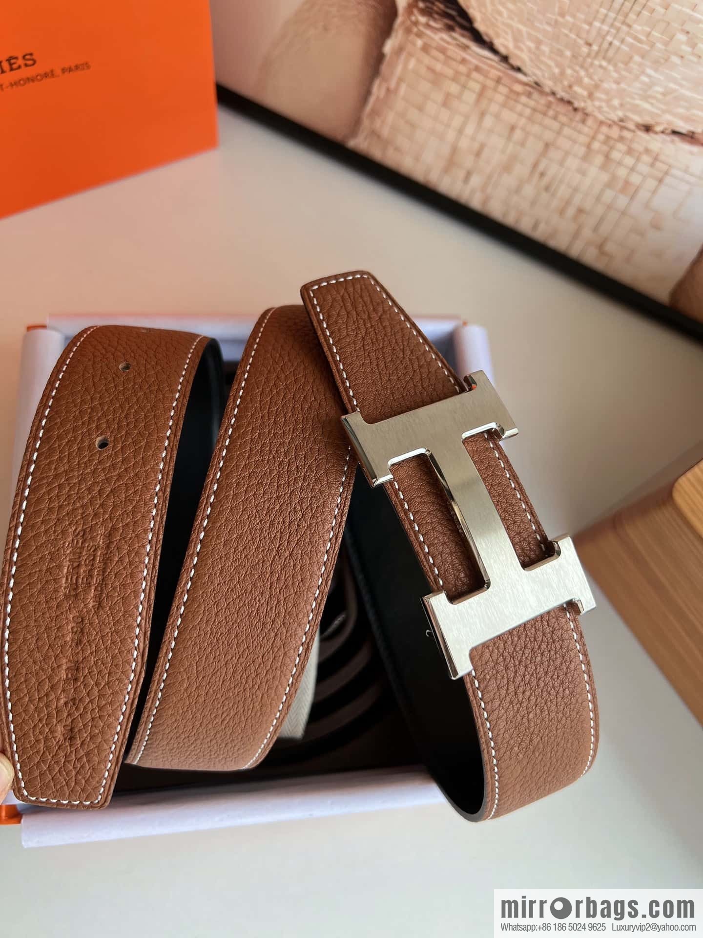 Hermes H metal solder joint buckle, men's double-sided leather belt 38mm