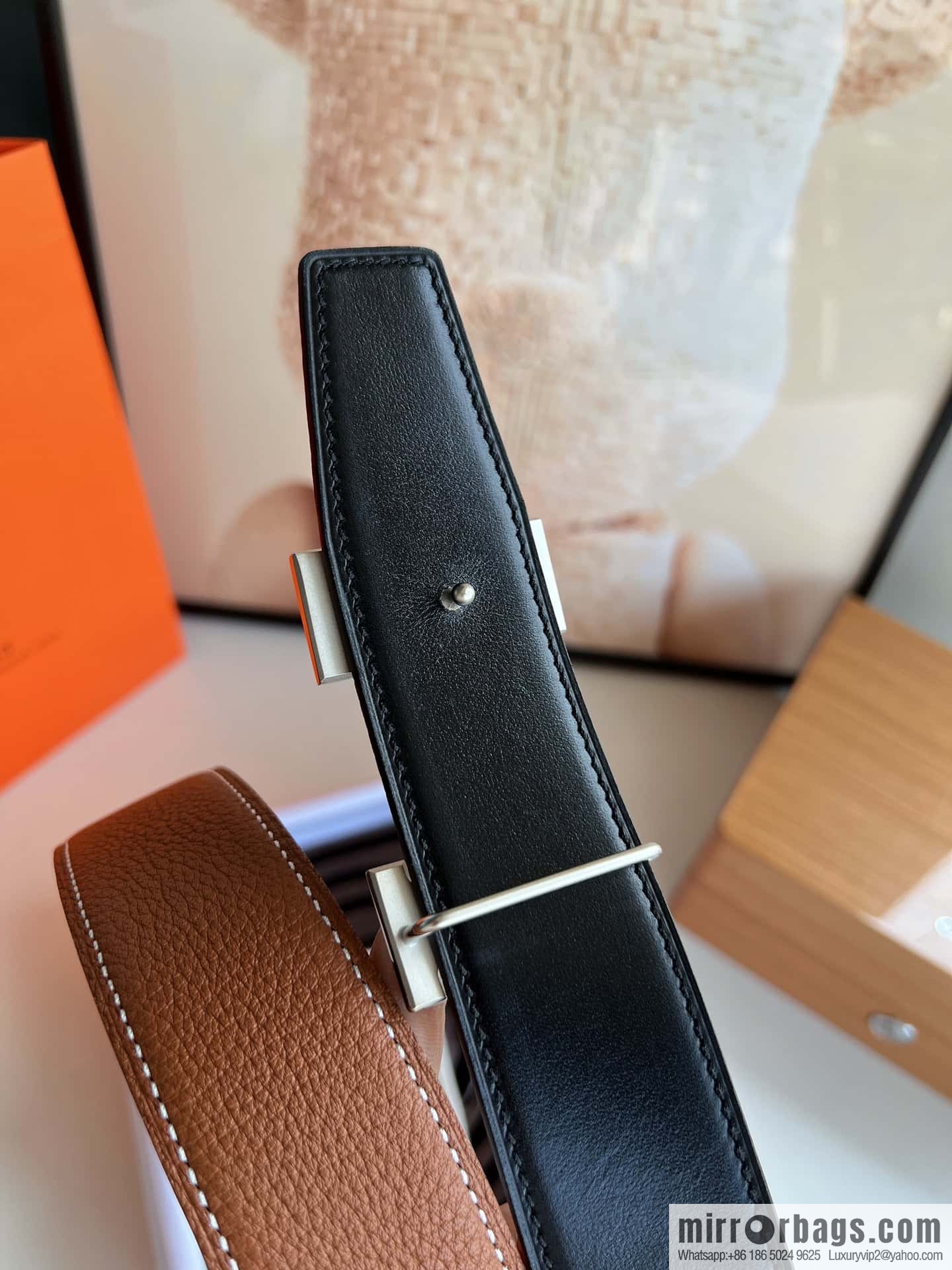 Hermes H metal solder joint buckle, men's double-sided leather belt 38mm