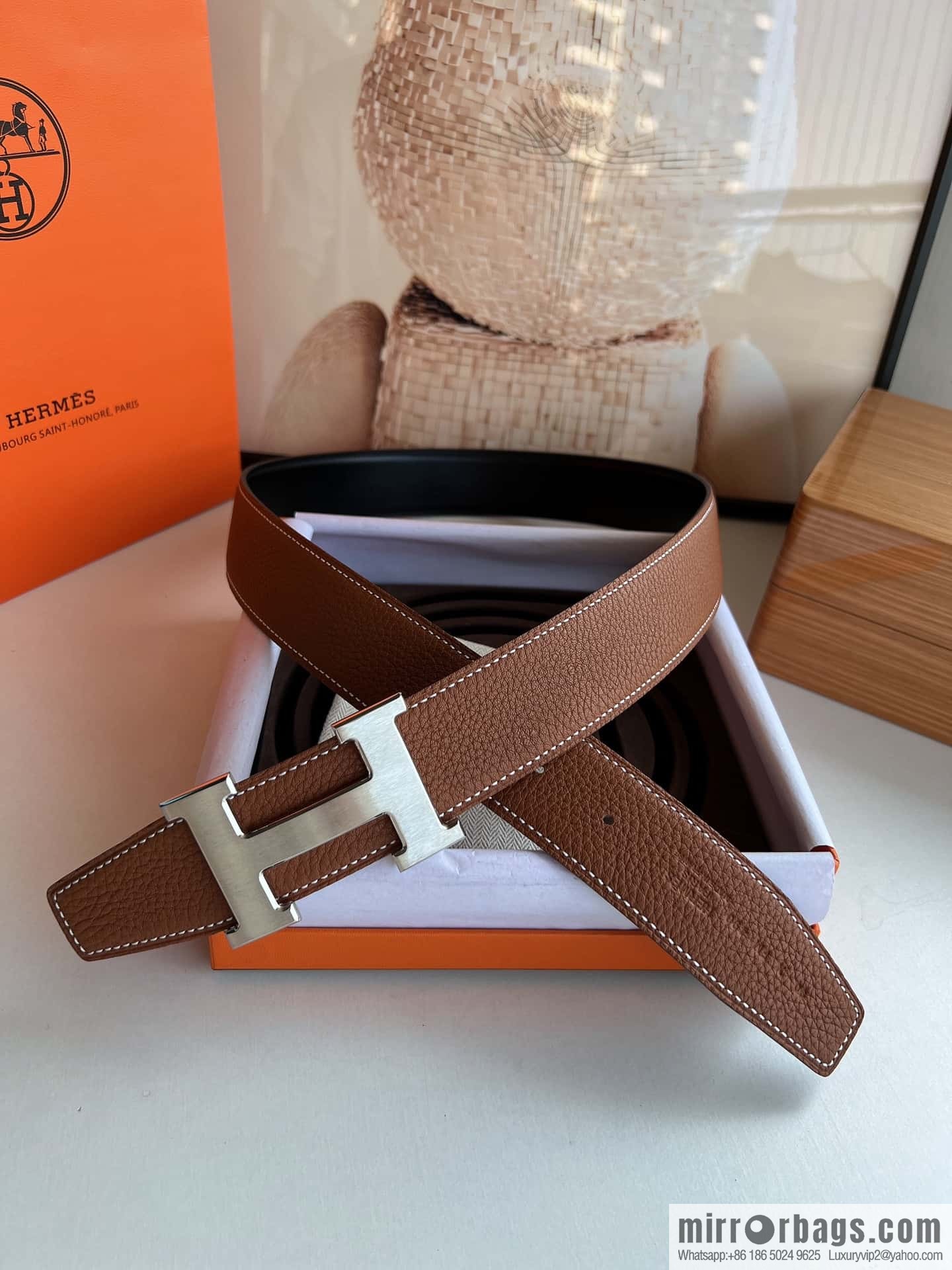 Hermes H metal solder joint buckle, men's double-sided leather belt 38mm