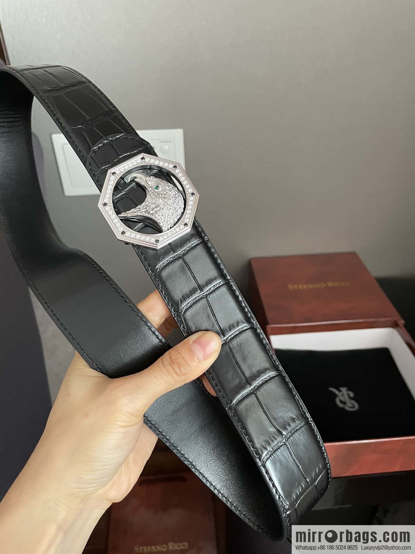 Stefano Ricci Stephen, stainless steel eagle head octagonal diamond buckle, crocodile belt 3.8cm