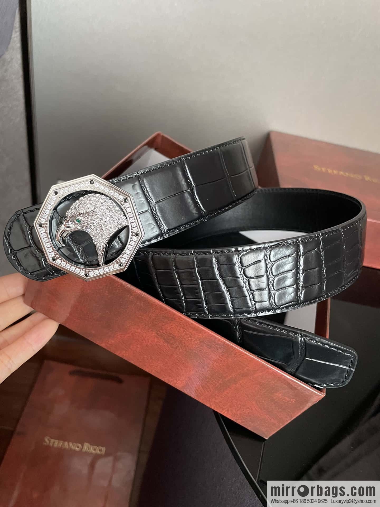 Stefano Ricci Stephen, stainless steel eagle head octagonal diamond buckle, crocodile belt 3.8cm