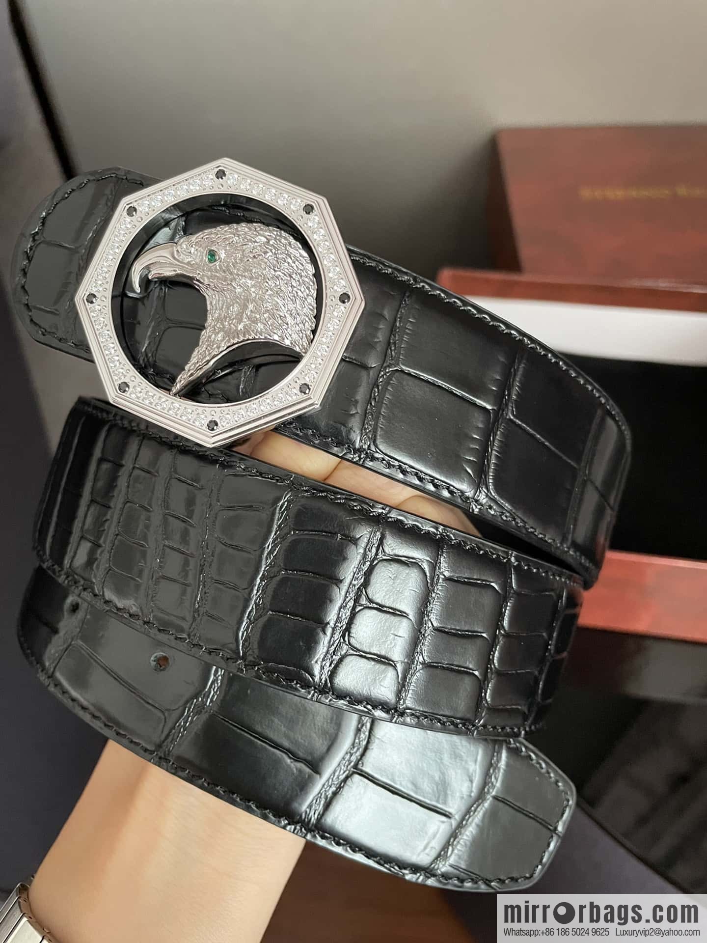 Stefano Ricci Stephen, stainless steel eagle head octagonal diamond buckle, crocodile belt 3.8cm