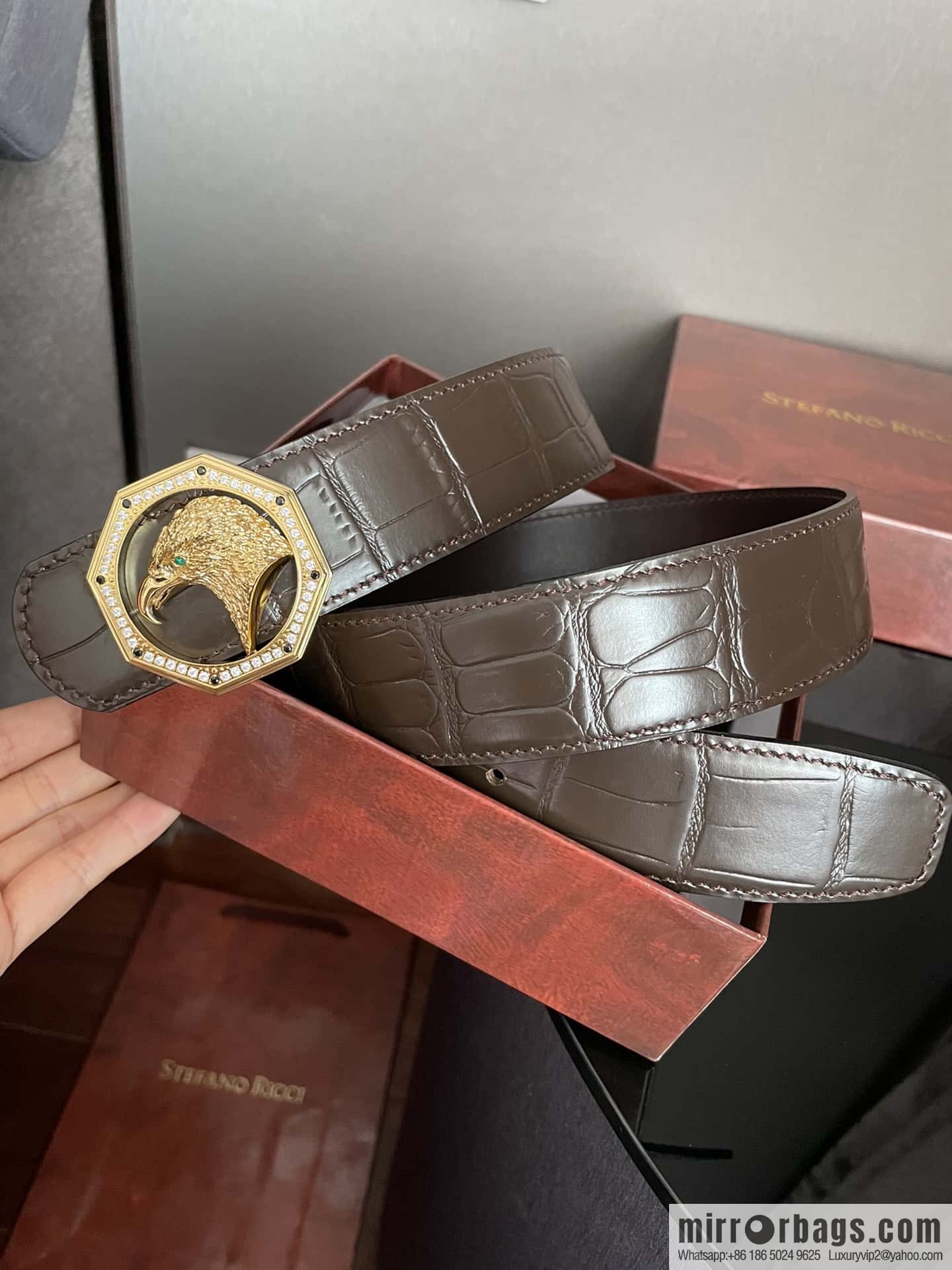 Stefano Ricci Stephen, stainless steel eagle head octagonal diamond buckle, crocodile belt 3.8cm