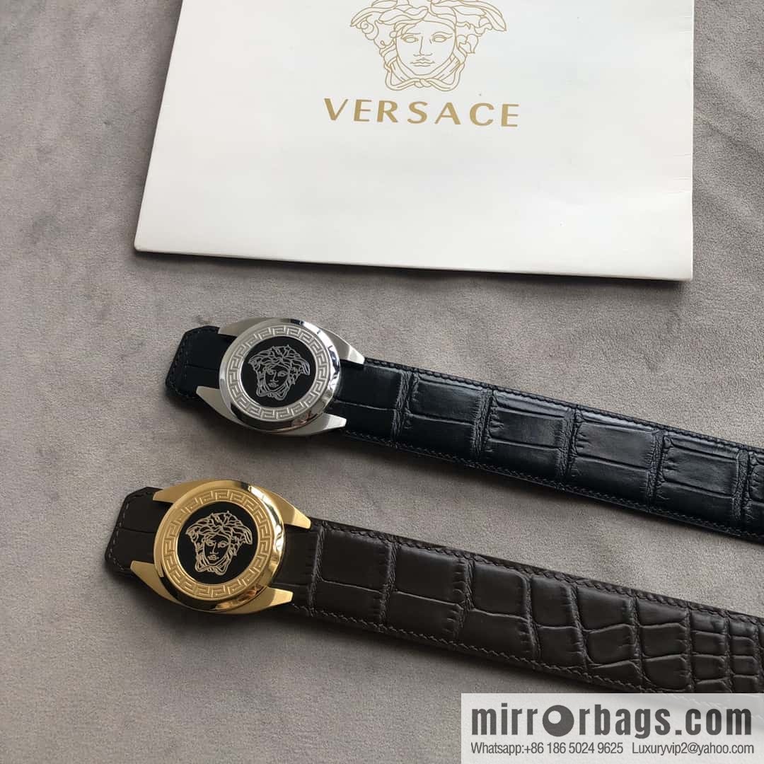 VERACE Versace, Medusa metal buckle, men's imported first layer cowhide embossed fine imitation crocodile leather belt 3.5cm