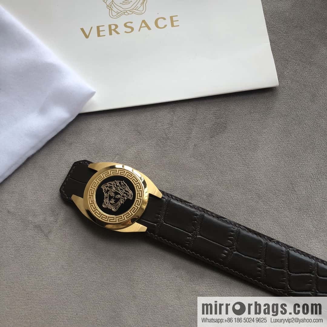 VERACE Versace, Medusa metal buckle, men's imported first layer cowhide embossed fine imitation crocodile leather belt 3.5cm