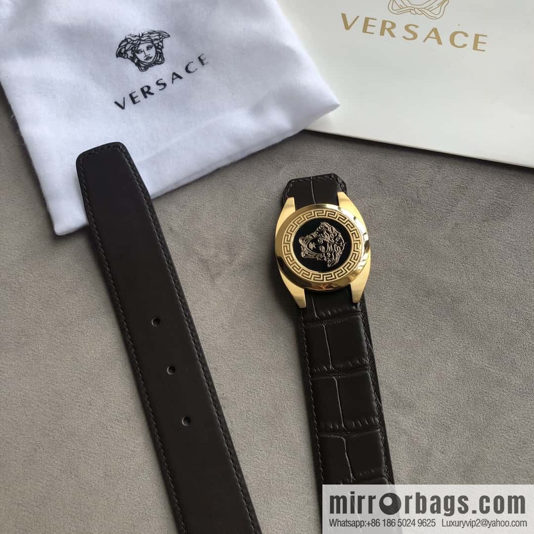 VERACE Versace, Medusa metal buckle, men's imported first layer cowhide embossed fine imitation crocodile leather belt 3.5cm