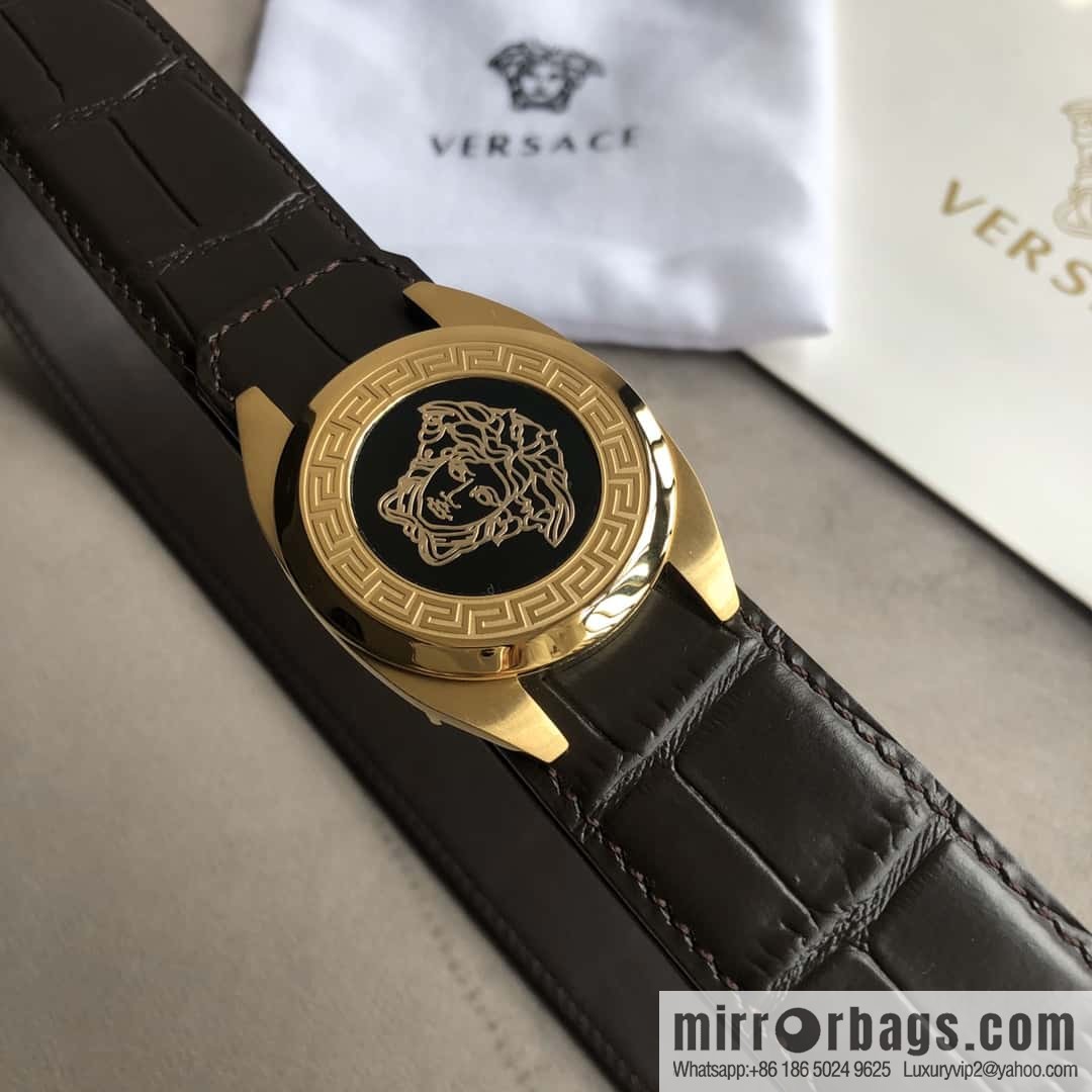 VERACE Versace, Medusa metal buckle, men's imported first layer cowhide embossed fine imitation crocodile leather belt 3.5cm