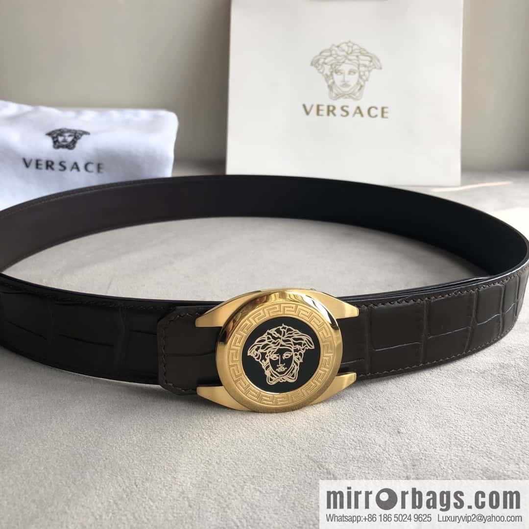 VERACE Versace, Medusa metal buckle, men's imported first layer cowhide embossed fine imitation crocodile leather belt 3.5cm