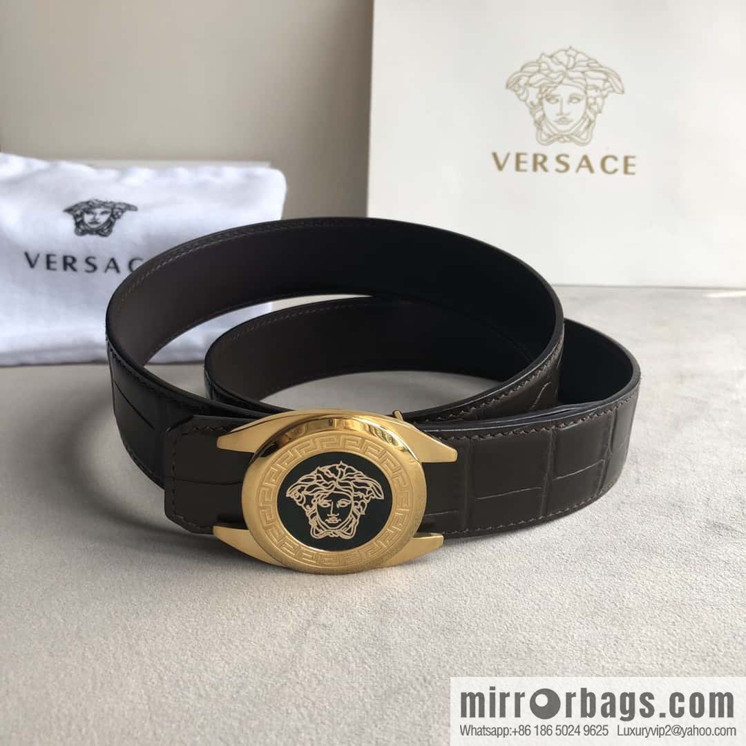 VERACE Versace, Medusa metal buckle, men's imported first layer cowhide embossed fine imitation crocodile leather belt 3.5cm