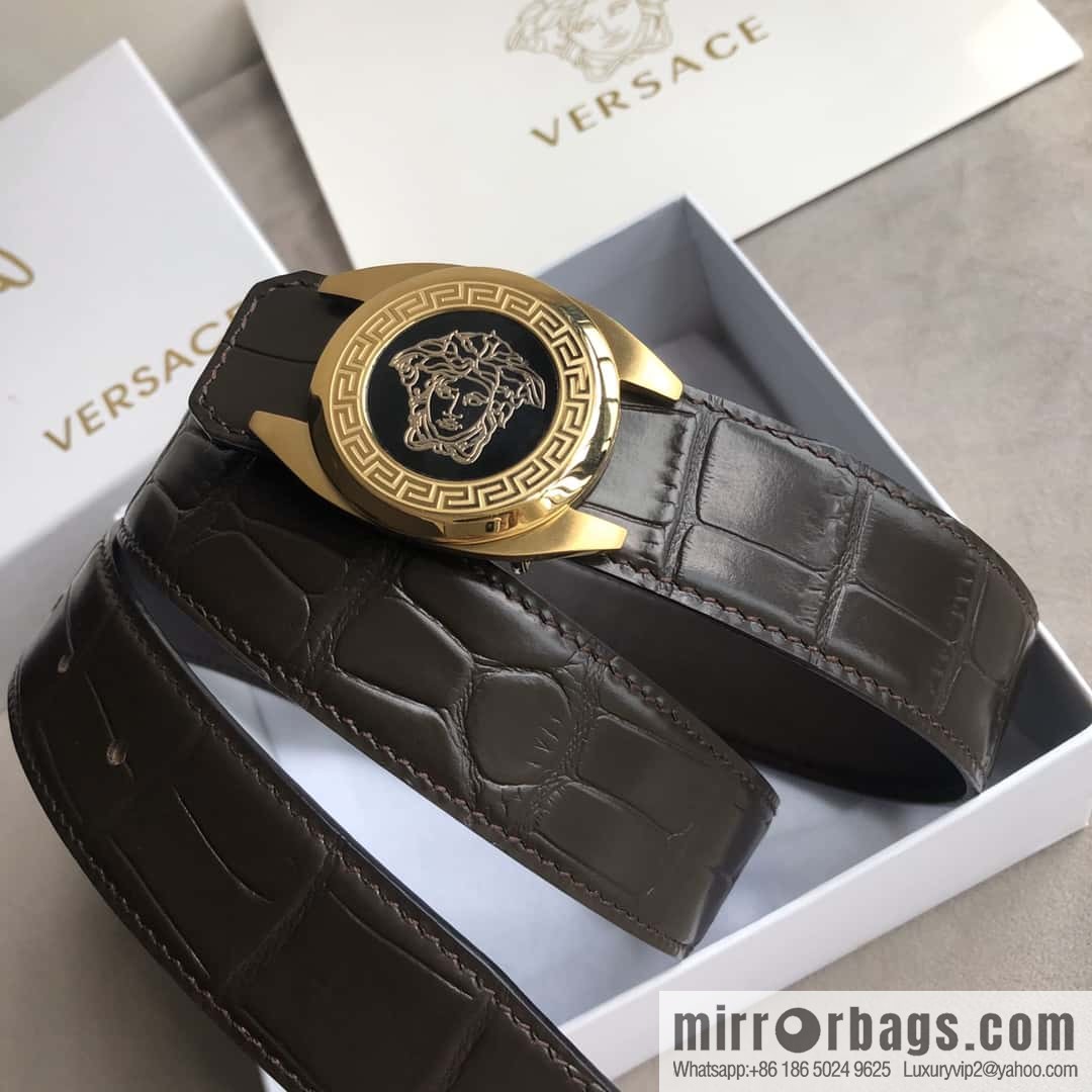 VERACE Versace, Medusa metal buckle, men's imported first layer cowhide embossed fine imitation crocodile leather belt 3.5cm