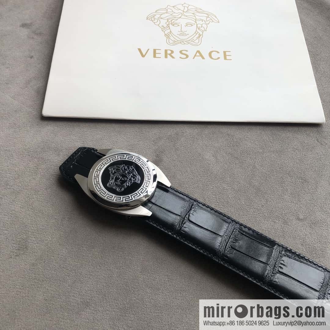 VERACE Versace, Medusa metal buckle, men's imported first layer cowhide embossed fine imitation crocodile leather belt 3.5cm