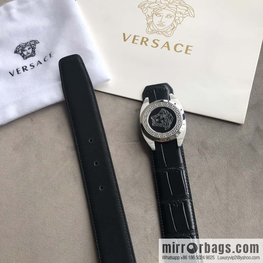 VERACE Versace, Medusa metal buckle, men's imported first layer cowhide embossed fine imitation crocodile leather belt 3.5cm