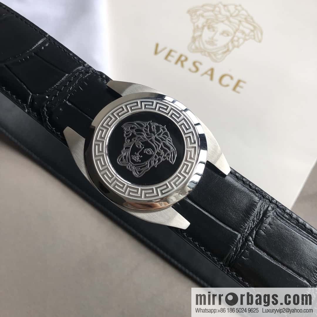 VERACE Versace, Medusa metal buckle, men's imported first layer cowhide embossed fine imitation crocodile leather belt 3.5cm
