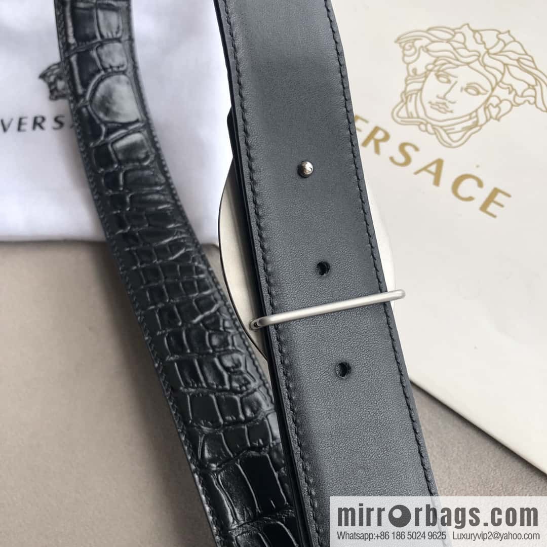 VERACE Versace, Medusa metal buckle, men's imported first layer cowhide embossed fine imitation crocodile leather belt 3.5cm